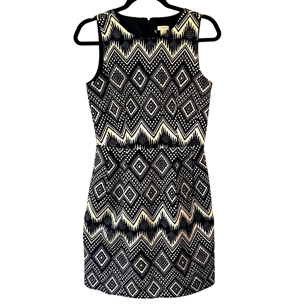 J Crew Mini Dress Ivory Navy Blue Aztec Geometric Sz 2 Sleeveless Pockets Unworn